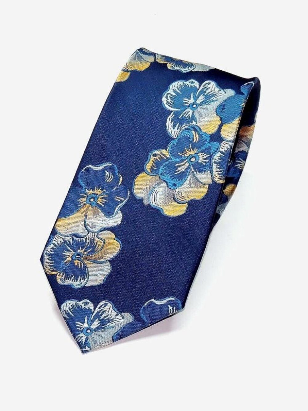 JASON & VOGUE Hand Made Italy Blue & Gold Flowers Mens Tie X-LONG 61 x 3 1/4"